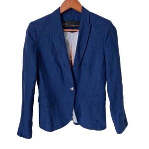 Zara Women's Linen Cobalt Blue One Button Blazer Suit Jacket